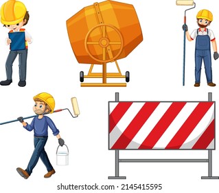 Set of construction site objects and workers illustration