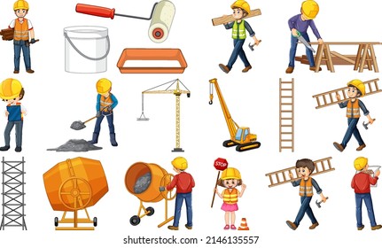 Set of construction site objects and workers illustration