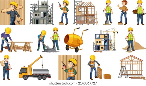 Set of construction site objects and workers illustration