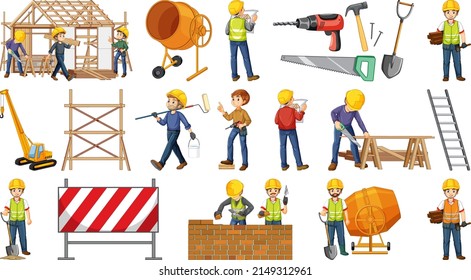 Set of construction site objects and workers illustration