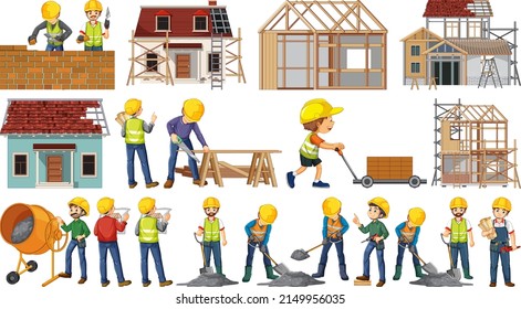 Set of construction site objects and workers illustration