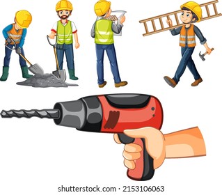 Set of construction site objects and workers illustration
