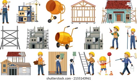 Set of construction site objects and workers illustration
