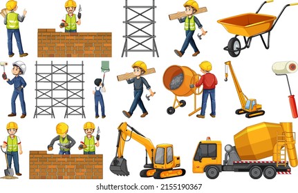 Set of construction site objects and workers illustration