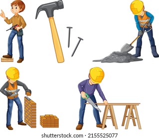 Set of construction site objects and workers illustration