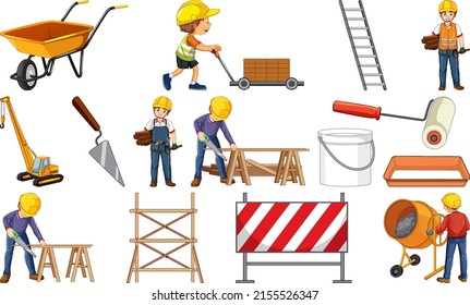 Set of construction site objects and workers illustration