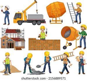 Set of construction site objects and workers illustration