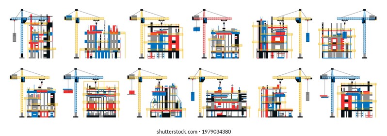 Set Of Construction Sites. Collection Of Buildings Under Construction. Crane, Skyscrapers, House, Apartments, Hotels, Unfinished Houses, Building Site. Vector Illustration On White Background