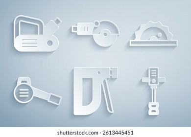 Set Construction stapler, Electric circular saw, Leaf garden blower, Electrical hand concrete mixer, Angle grinder and planer tool icon. Vector