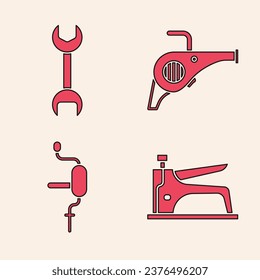 Set Construction stapler, Wrench spanner, Leaf garden blower and Hand drill icon. Vector