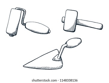 A set of construction tools. Black and white design vector illustration. Brush roll, hammer, spatula.