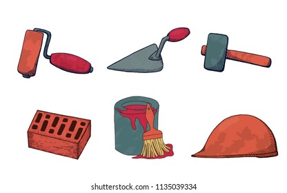 A set of construction tools. Bright design vector illustration. Spatula, brush roll, hammer, brick, paint and hard hat.