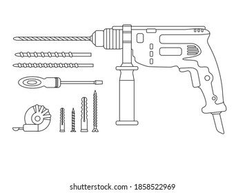 A set of construction tools. Cartoon drilling machine, drill, screwdriver, self-tapping screw, dowel, tape measure. Power tools, hammer drill. Fastening element. Outline.