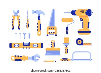 Set of construction tools. Composition consists of various building and repairing equipment and instruments flat style design. Drill hammer, saw, screwdriver. Fixing out concept. Isolated on white