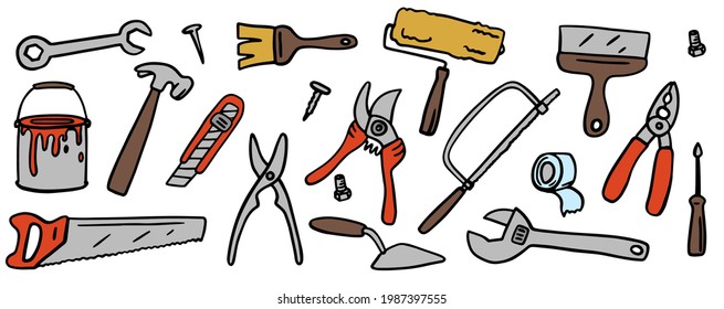 A set of construction tools. Doodle. pruner, hammer, pliers, spatula, brush, cutter, wrench. Hand drawing