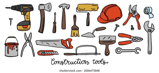 A set of construction tools. Doodle. pruner, hammer, pliers, spatula, brush, cutter, wrench. Hand drawing