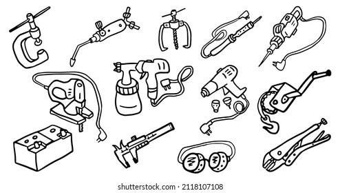 Set of construction tools in doodle style. Isolated vector.