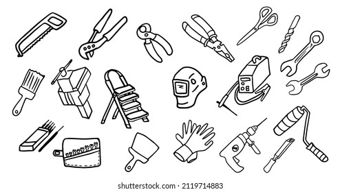 Set of construction tools in doodle style. Isolated vector.