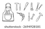 Set of construction tools drill hammer wrench screwdriver saw and apron, hand drawn doodle line art monochrome hand drawn. Vector illustration.