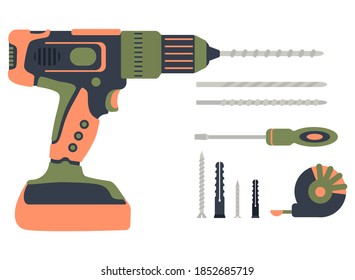 Un conjunto de herramientas de construcción. Máquina de perforación, taladro, destornillador, tornillo autorroscante, taladro, cinta de medida. Herramienta de alimentación, perforador,