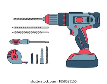 A set of construction tools. Drilling machine, drill, screwdriver, self-tapping screw, dowel, tape measure. Power tool, perforator. Fastening element.