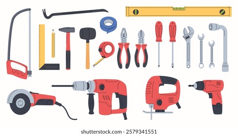 Set of construction tools. Electric and hand tools. Carrying out repair work in the house. Professional tools. Vector illustration