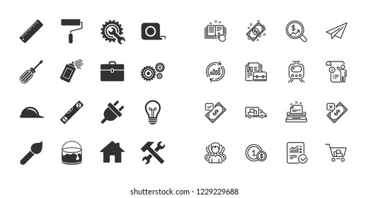 Set of Construction tools, Engineering and Repair icons. Electric plug, Helmet and Screwdriver signs. Lamp, Hammer and Paint symbols. Paper plane, report and shopping cart icons. Engineering vector