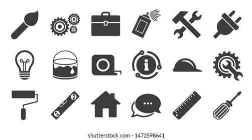 Set of Construction tools, Engineering and Repair icons. Information, chat bubble icon. Electric plug, Helmet and Screwdriver signs. Lamp, Hammer and Paint symbols. Quality set. Vector