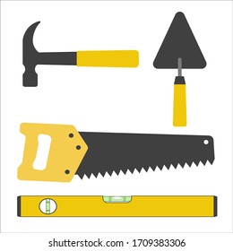 A set of construction tools. Hammer, saw, level, trowel