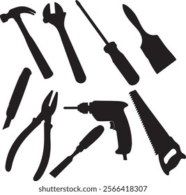 set of construction tools icon. Vector silhouette illustration, Utility Knife, Paintbrush, Chisel, Drill, Pliers, Saw, Screwdriver, Wrench, Hammer.

