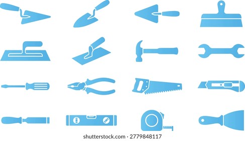 Set of construction tools icons in blue, tools for building and repair, vector flat illustrations.