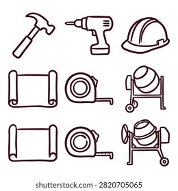 Set of construction tools icons including hammer drill hard hat blueprint tape measure and cement mixer