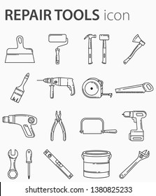 Set of construction tools icons. Outline style. Includes badges such as: drill, screwdriver, pliers, saw, wrench, hammer, putty knife, paint roller, sledge hammer, ax.