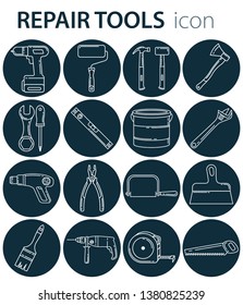 Set of construction tools icons. Outline style. Includes badges such as: drill, screwdriver, pliers, saw, wrench, hammer, putty knife, paint roller, sledge hammer, ax.