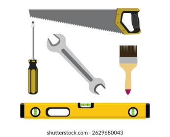 Set of construction tools including saw, screwdriver, wrench, paintbrush, and level