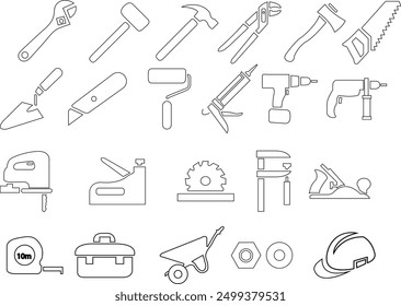  Conjunto de herramientas de construcción, instrumentos, equipos. Colección de símbolos de renovación de contorno. Trazo editable. Ilustración vectorial con fondo transparente.