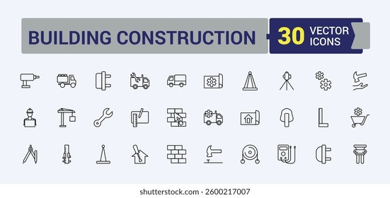 Set of Construction Tools line icon. Pack of build, tool, equipment, work, house and more. Thin linear style icons. Building Construction simple icon. Vector artwork and illustration.
