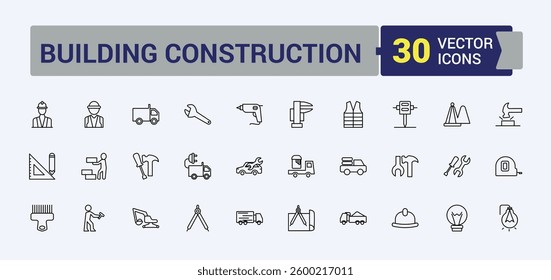 Set of Construction Tools line icon. Pack of build, tool, equipment, work, house and more. Thin linear style icons. Building Construction simple icon. Vector artwork and illustration.
