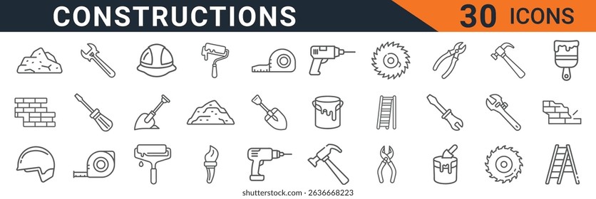 a set of construction tools line icons for building equipment and repair instruments. vector illustration of hammer, wrench, drill, saw, shovel, ladder, helmet, tape measure and paint brush.