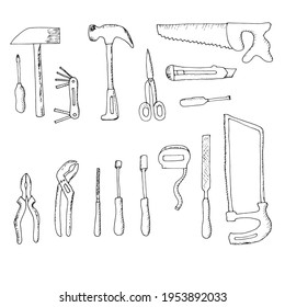 A set of construction tools for a man. Drawn by hand with pen and ink. Isolated on white background, vector illustration. Can be used in your projects in banners and posters. Cartoon. Drawn in a