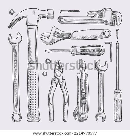 Set of construction tools and mechanical kit, tools for housework and non professional repair