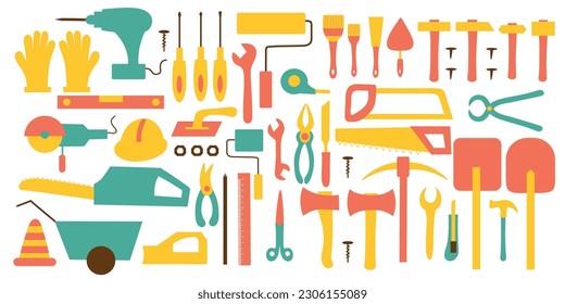 Set of construction tools on an isolated background. Construction or renovation. Building supplies for use as a design element or logo. Vector illustration.