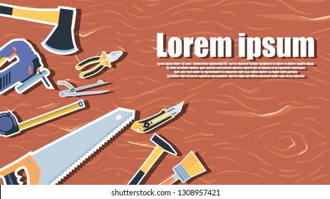A set of construction tools on wood texture with copy space and lorem ipsum text. Wide angle eps10 vector illustration