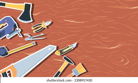 Set of construction tools on wood texture with copy space. Wide angle eps10 vector illustration