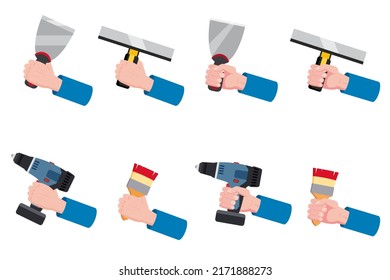 Set Bauwerkzeuge Putty-Messer, Spatel, Bürste, elektrische Schraubenzieher, Reparaturwerkzeug. Handhalten Sie Spant- oder Farbinstrumente. Vektorgrafik einzeln auf Weiß. Cartoon-Flachstil