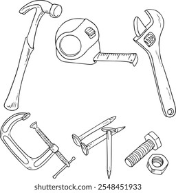 Set for construction, construction tools, set of a real man, repair tools. black line vector set.