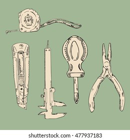 Set of construction tools. Repair tool kit. Ink sketch on pastel green background. Hand drawn vector illustration.