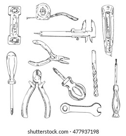 Set of construction tools. Repair tool kit. Ink sketch. Hand drawn vector illustration.