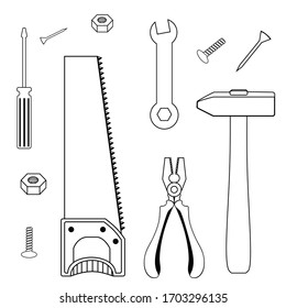 A set of construction tools: saw, hammer, pliers, screwdriver, screws and nails. Black vector illustration on a white background.
