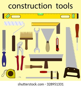 set of construction tools: saw, hammer, level, file, clamp, screwdriver, brush, knife, corner, key